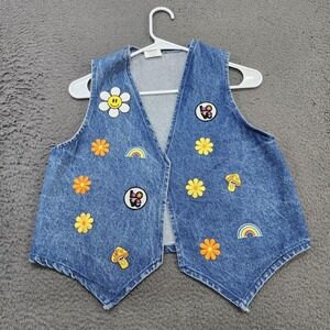 Innovo Inc. Vest Youth 12-14 Blue Denim Smiley Face Rainbow Flower Power Hippie
